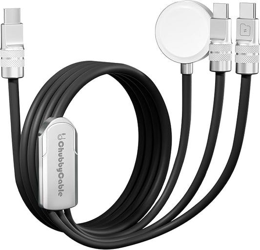 chubbycable Tri-Flex 3 in 1 USB C Cable for Apple Watch Charger Silicone 100W Multi Charging Cable Fast Charge Compatible with iPhone 16/15 Series iWatch iPad Airpods MacBook, 4.1FT, Black