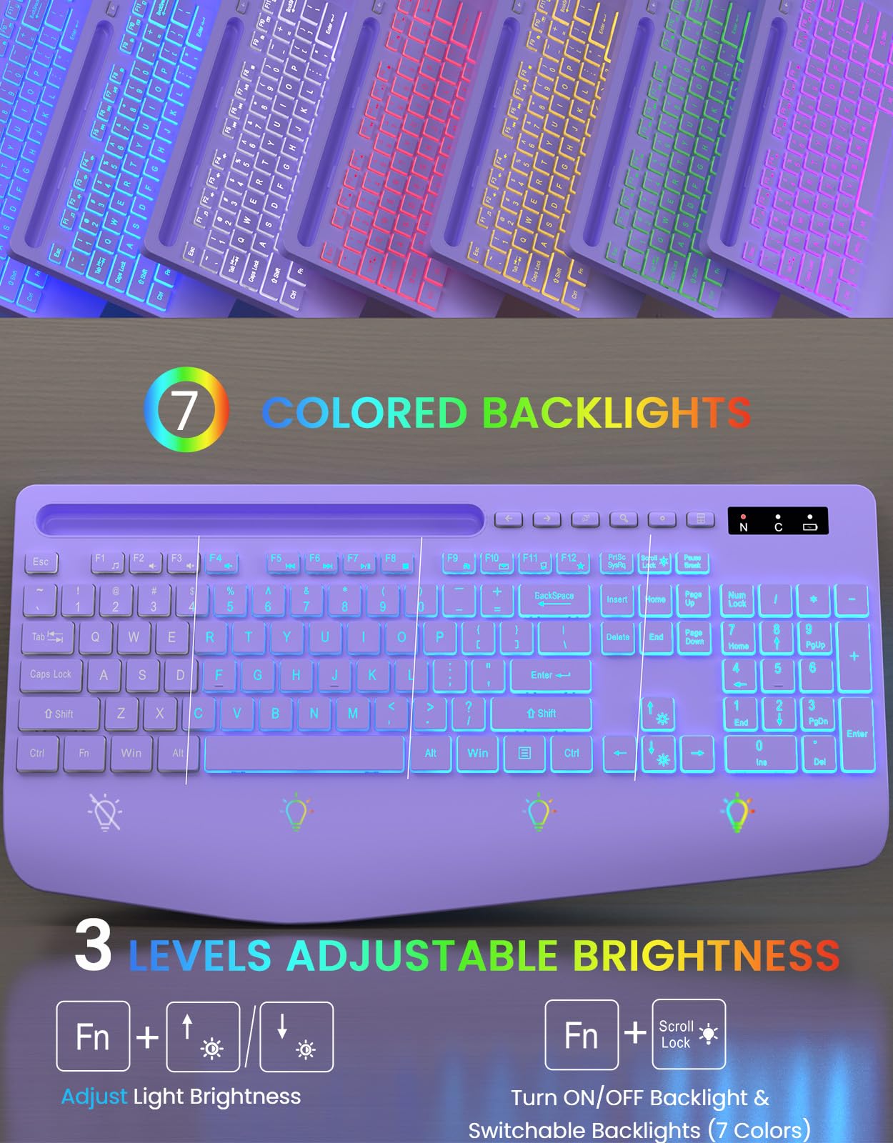 Wireless Keyboard, 7 Colored Backlits, Wrist Rest, Phone Holder-Purple
