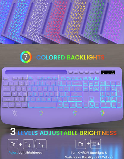 Wireless Keyboard, 7 Colored Backlits, Wrist Rest, Phone Holder-Purple