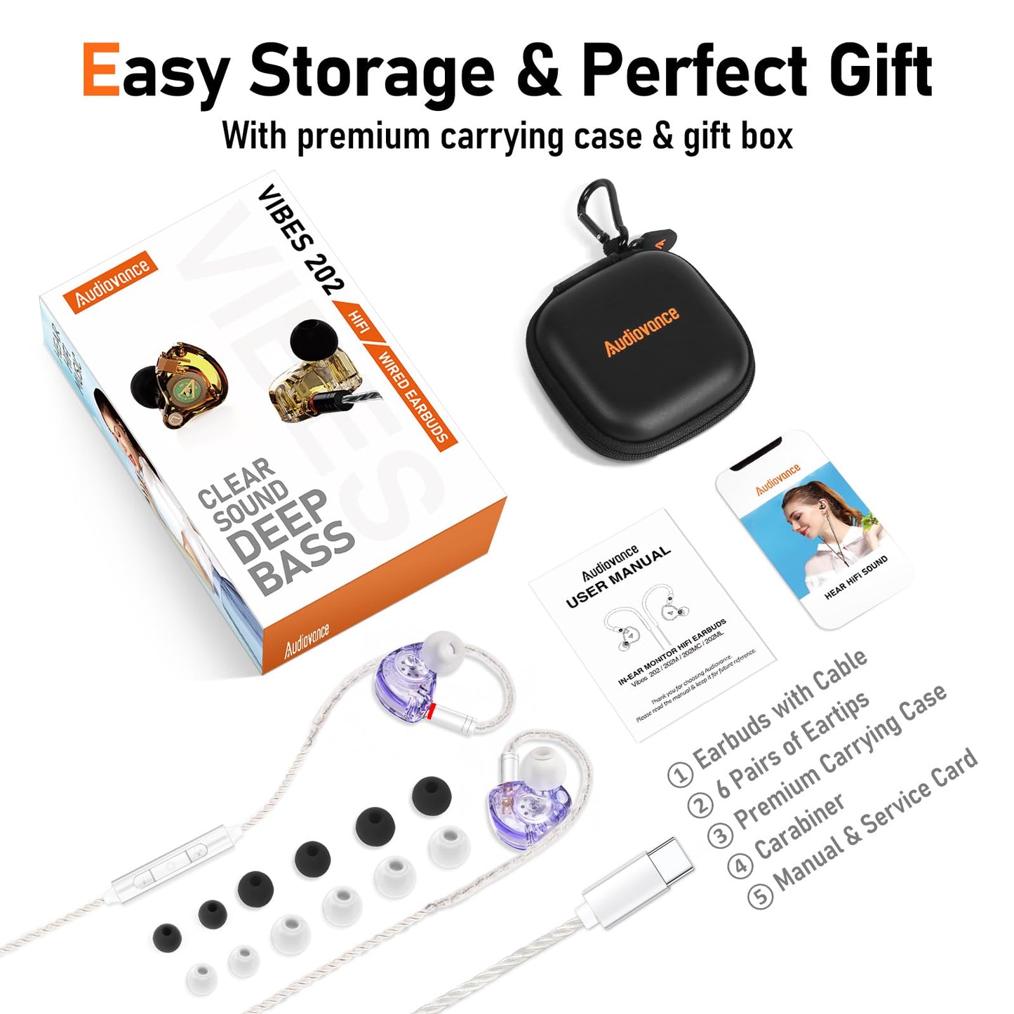 Audiovance Vibes 202MC USB-C HiFi Wired Earbuds, Type-C Headphones with Mic