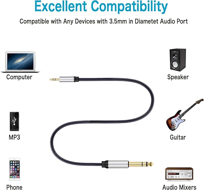 3.5 mm to 6.35 mm Audio Cable 10Ft, Gold-Plated Terminal Silver Color Zinc Alloy Housing 3.5mm 1/8" Male TRS to 6.35mm 1/4" Male TRS Nylon Braided Stereo Audio Cable for CellPhone, Amplifiers(10Ft/3M)