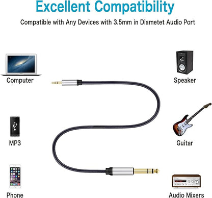 3.5 mm to 6.35 mm Audio Cable 10Ft, Gold-Plated Terminal Silver Color Zinc Alloy Housing 3.5mm 1/8" Male TRS to 6.35mm 1/4" Male TRS Nylon Braided Stereo Audio Cable for CellPhone, Amplifiers(10Ft/3M)