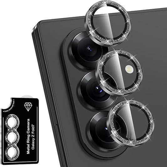 Avocase for Samsung Galaxy Z Fold 7 Camera Lens Protector, Individual Metal Ring Tempered Glass Lens Cover, [Strong Adsorption] Scratch Resistant Ultra-Thin HD Clear Lens Cover, 1 Set-Black Sparkly