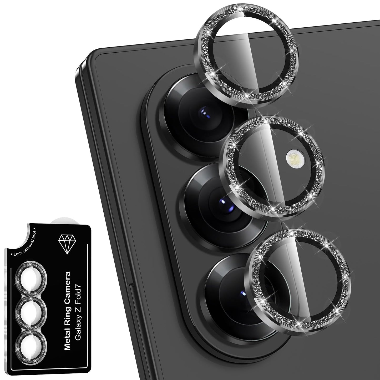 Avocase for Samsung Galaxy Z Fold 7 Camera Lens Protector, Individual Metal Ring Tempered Glass Lens Cover, [Strong Adsorption] Scratch Resistant Ultra-Thin HD Clear Lens Cover, 1 Set-Black Sparkly