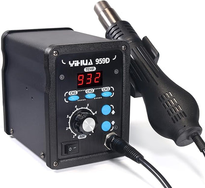 YIHUA 959D-Digital Hot Air Rework Station, High Power with 3 Memories, Airflow Efficiency, °F /°C Display, Accurate Temp.(212°F~932°F), Brushed Aluminum Panel & Safety Features