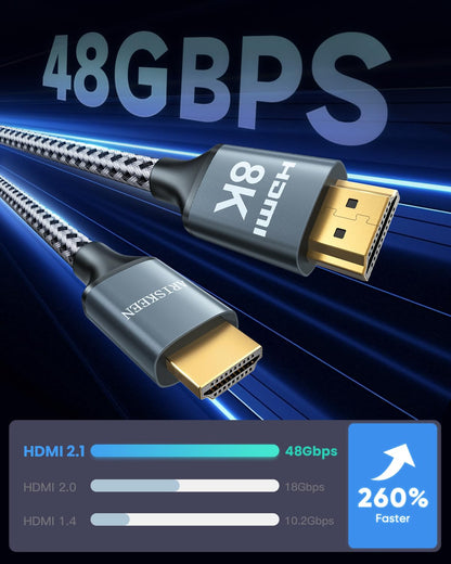 ARISKEEN 8K HDMI Cable 13 FT, 48Gbps High Speed HDMI 2.1 Cable, 8K 60Hz, 4K 120Hz 144Hz Braided HDMI Cord - 13 Feet