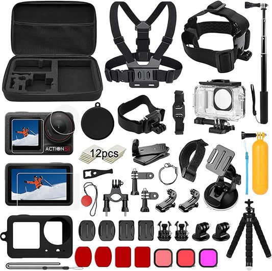 Accessories Kit for DJI Osmo Action 5 Pro/4/3 Black, SGIP Waterproof Protective Cover Housing Bike Mount Selfie Stick, Accessory Set
