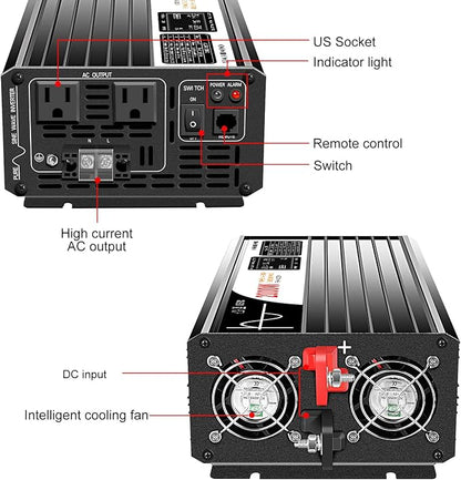 Xijia 2000w(Peak Power 4000W) dc 48v to ac 120v Inverter Pure sine Wave 60HZ Converter with Bluetooth Remote Control LCD Screen 2 AC outlets for Camping, Boat,Outdoor (DC48V (Range 40V-60V) 2000W)