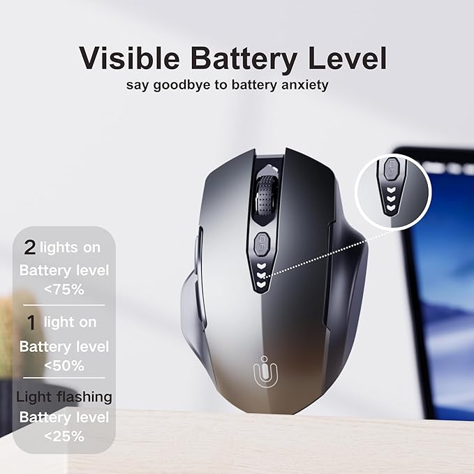 Uineer Wireless Mouse, 2.4GHz Rechargeable Computer Mouse, Battery Display