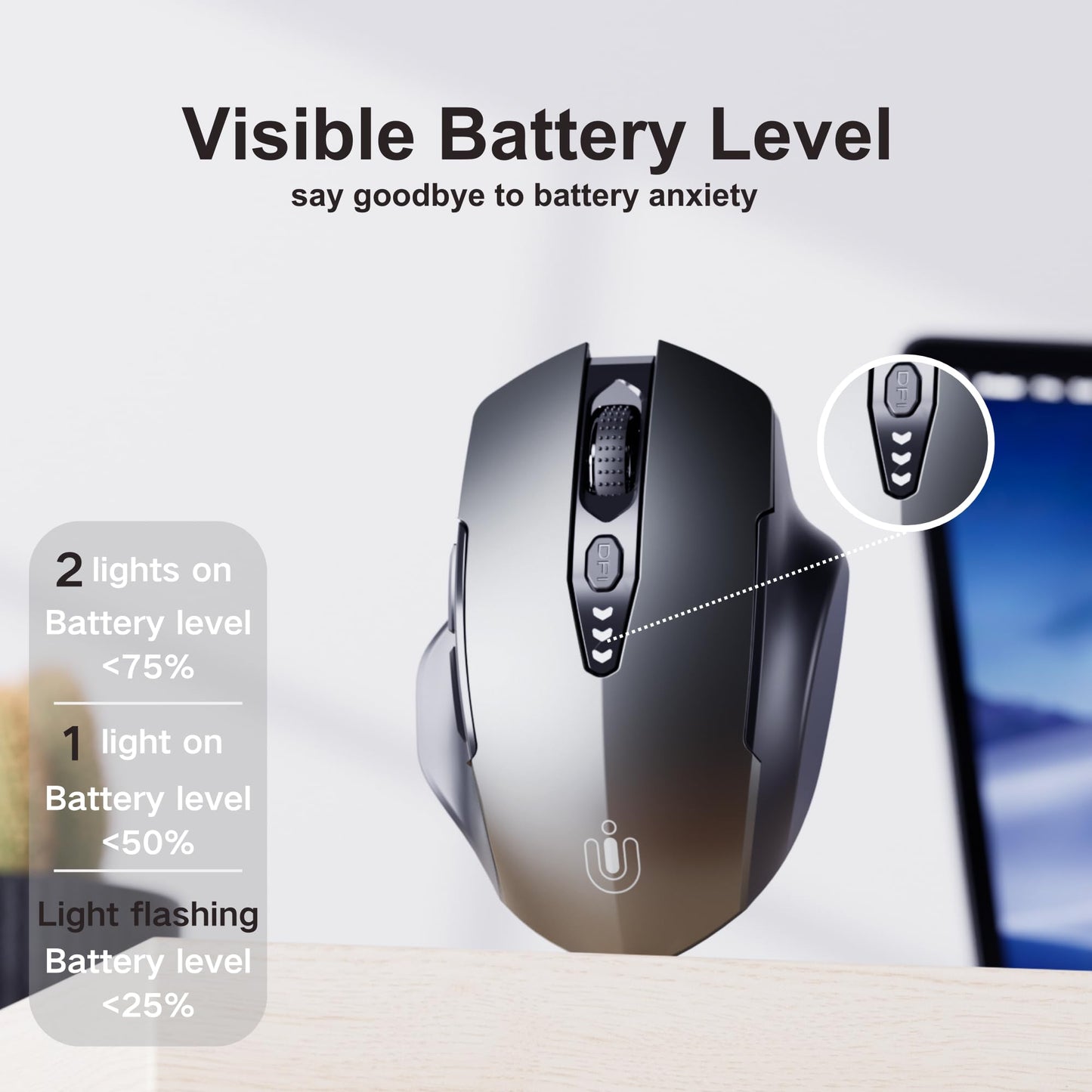 Uineer Wireless Mouse, 2.4GHz Rechargeable Computer Mouse, Battery Display