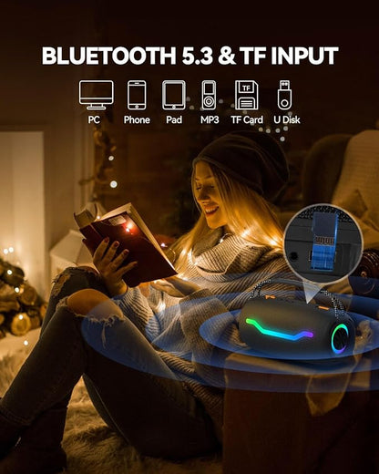 Portable Bluetooth Speaker with Light, Loud Sound and Deep Bass, IPX6 Waterproof, Up to 18H Playtime, TWS Pairing, Support Bluetooth/AUX/USB/TF Card for Home, Party, Outdoor and Travel (Black)