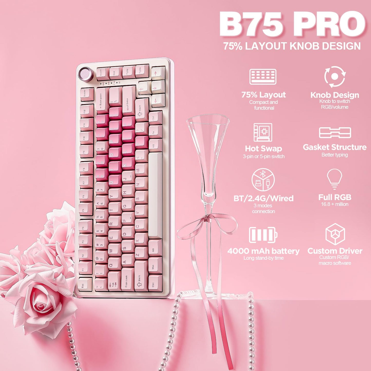 YUNZII B75 PRO 75% Wireless Mechanical Keyboard (Pink, Cocoa Cream V2)