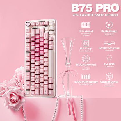 YUNZII B75 PRO 75% Wireless Mechanical Keyboard (Pink, Cocoa Cream V2)