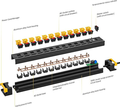 CRST 12 Outlets Long Power Strip, 9 FT Cord Metal Wall Mount Surge Protector Power Strip with Individual Switches and Cord Manager, 1020J, 15Amp/1875W for Garage,Workshop, Office, Home