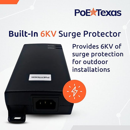 Poe Texas PoE Injector - 802.3bt PoE++ Single Port 4 Pair Power Over Ethernet Injector - 6KV Surge Protection - Active PoE Adapter 55V 60W Output - 10/100/1000 Gigabit Data - Wall Mount Plug & Play