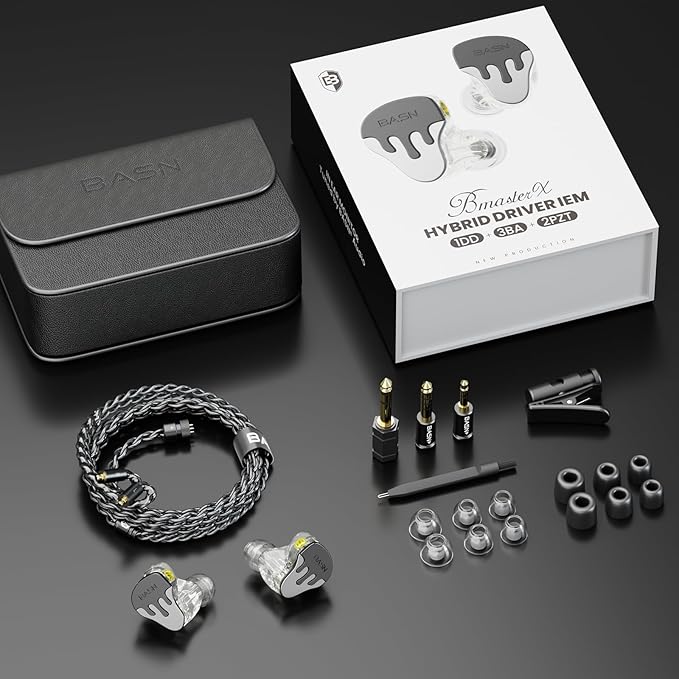 BASN BmasterX in Ear Audio Monitor, Hybrid 6 Drivers IEM Earphones with Crystal Clear Sound, Detachable Cable Plus Carrying Case & Fit Kit for Musician, Stage, Studio (3.5mm/4.4mm Jack, Black/Silver)