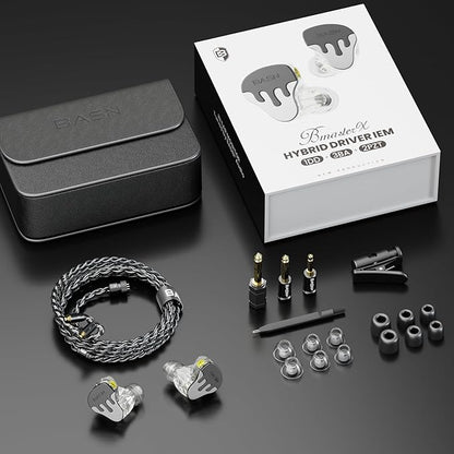BASN BmasterX in Ear Audio Monitor, Hybrid 6 Drivers IEM Earphones with Crystal Clear Sound, Detachable Cable Plus Carrying Case & Fit Kit for Musician, Stage, Studio (3.5mm/4.4mm Jack, Black/Silver)