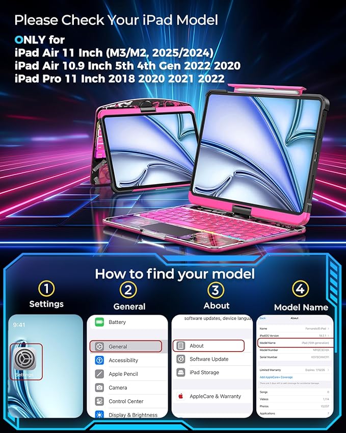 SIEBITU Clear Wireless Keyboard Case for iPad Air 11-inch (M3 2025/M2 2024) & iPad Pro 11-inch 4th 3rd 2nd 1st Gen, 7-Color Backlit with Multi-Touch Trackpad for 10.9" iPad Air 4th/5th Gen, Pink