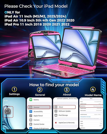 SIEBITU Clear Wireless Keyboard Case for iPad Air 11-inch (M3 2025/M2 2024) & iPad Pro 11-inch 4th 3rd 2nd 1st Gen, 7-Color Backlit with Multi-Touch Trackpad for 10.9" iPad Air 4th/5th Gen, Pink