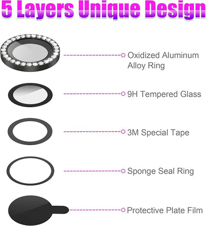 AGVEE 3+3 6 Pack for iPhone 12 Pro Max 6.7" Camera Lens Cover Protector, Bling Diamond & Bling Glitter Metal Ring 9H Tempered HD Glass Camera Cover Protector Film, Bling-Black