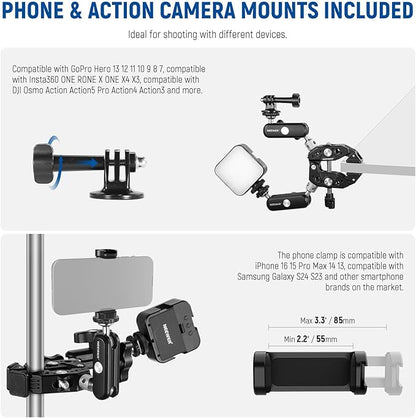 NEEWER Heavy Duty Super Clamp with Two 360° Dual Ball Head Magic Arms, 1/4" 3/8" Screw Threads, Phone & Action Camera Mount Adapter for Flat/Round Surface Compatible with GoPro DJI Insta360 DSLR