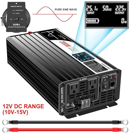 Xijia 2000W Pure sine Wave Power Inverter (Peak Power 4000W) dc 12v to 110v/120V ac 60HZ LCD-Display Bluetooth Remote Control,2 AC Outlets for RV, Camping, Boat,Outdoor