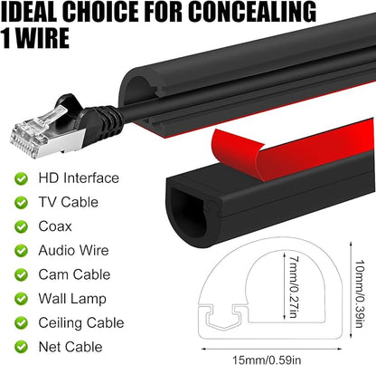 Self-Adhesive Cable Hider,Flexible Wire Cover Cable Raceway for Wires, Wall Mount TV, Home Audio, Network,Power and Phone Line Managemen (Black, 236inch)