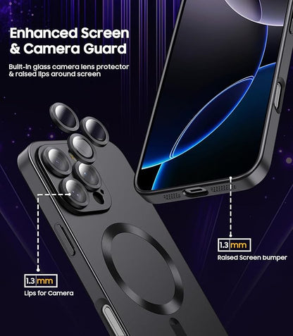 Magnetic for iPhone 16 Pro Max Case [Compatible with MagSafe][Built-in Camera Lens Protector] Slim Soft Silicone Bumper Shockproof Metallic Luster Phone Case (Black)