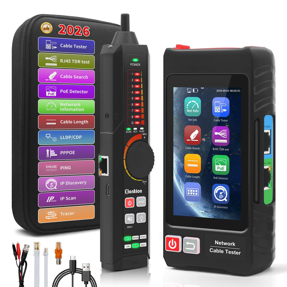 Henkion Multifunction RJ45 Network Caber Tester, 4" IPS Touch Screen UTP Cable Tester,Rechargeable Ethernet Cable Tracer,Support Network Tools,POE++ Detect,Cable Length,RJ45 TDR Test,FTP(LT-600)