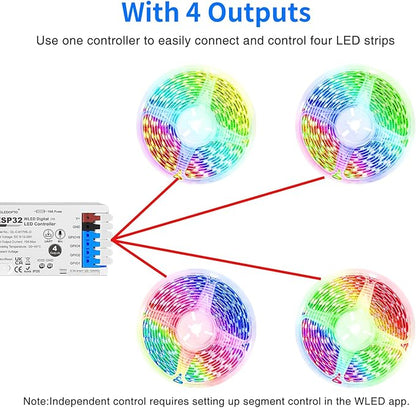 ESP32 WLED RGB IC LED Strip Controller 4 Channel Outputs 15A Fuse Mic Sound Dynamic Lights USB-C UART DIY Energy Saving Relay Level Shifter IC for Digital WS2811 WS2812 WS2815 SK6812 etc
