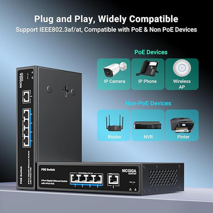 4 Port Gigabit PoE Switch Unmanaged with 4 Port IEEE802.3af/at PoE @78W, 1 x 1000Mbps Uplink, NICGIGA 5 Port Network Power Over Ethernet Switch, VLAN Mode, Desktop/Wall-Mount.
