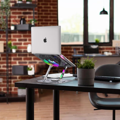 YTech Laptop Stand,with 360°Rotating Base,External Cooling Fan,Adjustable RGB Lighting,Ergonomic Foldable Notebook Computer Holder.Compatible with All 10-17" Laptops Tablets,Silver
