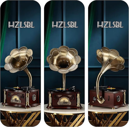 Vintage Gramophone with Bluetooth Output Vintage Record Players Retro Gramophone Turntables for 7" 9" 12" Vinyl Records 3 Speed, Hi-Fi, Handcrafted by Pure Oak (Dark Green)