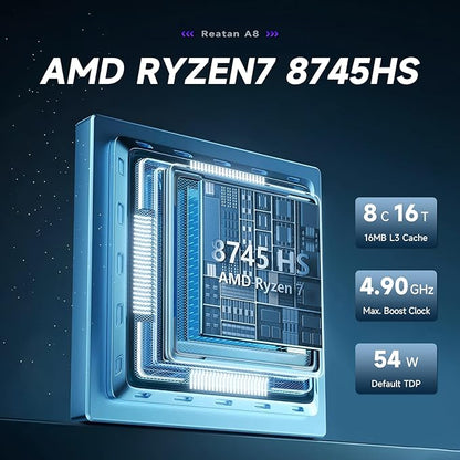 Reatan A8 Mini PC AMD Ryzen 7 8745H 32GB RAM DDR5 1TB SSD (3 Year After-Sale Support) 8C/16T，up to 8K Quad-Screen Displays, WiFi 6E, OCuLink Mini Computers for Gaming Home Theater Office Business