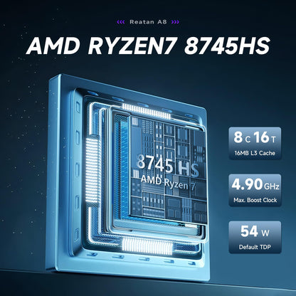 Reatan A8 Mini PC AMD Ryzen 7 8745H 16GB RAM DDR5 1TB SSD 8C/16T，up to 8K Quad-Screen Displays, WiFi 6E, OCuLink Mini Gaming Computers Home Theater Office Business