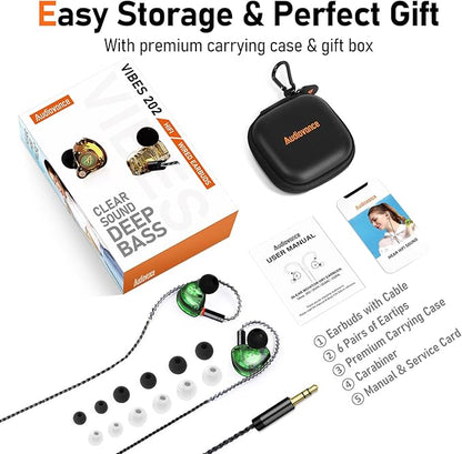 Vibes 202 Wired Earbuds - HiFi in Ear Monitor Headphones – Professional Noise-Isolating Ear Buds - Clear Sound, Deep Bass & Comfort-Fit IEM Earphones - MMCX to 3.5mm, Silver Plated Cord, Carrying Case