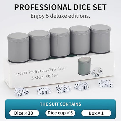 5 Pack PU Leather Dice Cups Velvet Felt-Lined Shaker Cups with 30 Dot Dice for Bar Party Yahtzee Farkle Dice Games, Grey