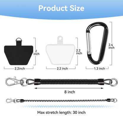SHANSHUI Phone Lanyard Tether, Anti Theft Spring Phone Strap, 4 x Phone Pacthes & Climbing Hook Universal Phone Lanyard for Keys Outdoor Skiing Hiking Fishing Fitting for All Smartphones - 2PCS Black