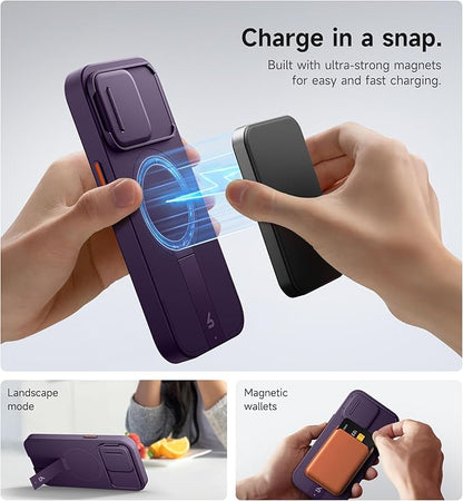 SURITCH for iPhone 15 Pro Case with Magnetic Camera Slide Cover and Adjustable Kickstand, Compatible with MagSafe, Shockproof Bumper Case Slim Protective Cover 6.1 Inch, Dark Purple