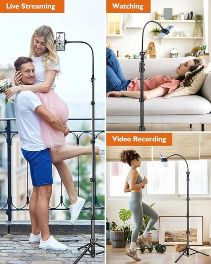 Phone Tripod, 85" Tall Tripod for iPhone with Gooseneck and Remote, Overhead Phone Stand for Recording Watching Cooking Fitness Vlog, Compatible with iPhone Android, Black