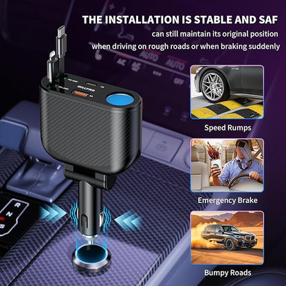 OHLPRO Retractable Car Charger Cigarette Lighter Adapter, 168W 5 in 1 Fast Phone Charging Built-in Replaceable Fuse, Socket Splitter with USB C and USB i Cord, Fit for Phone, iPad, Galaxy, GPS
