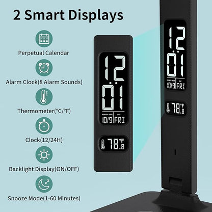 LED Desk Lamp for Home Office, USB Charging Port, Reading Lamp Desk Light with 5 Brightness, 3 Colors, Table Lamp with Clock, Alarm, Date, Temperature, Desk Lamp for College Dorm Room (Black)