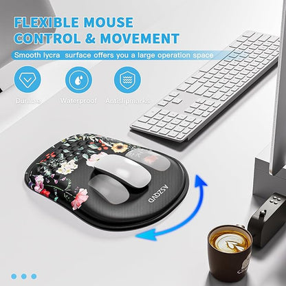 Mouse Pad with Wrist Rest, Ergonomic Mousepads with Wrist Support, Soft Lycra Fabric Memory Foam Office Desk Accessories for Comfort/Pain Relief/PC Gaming/Computer/Laptop (Black Flower)