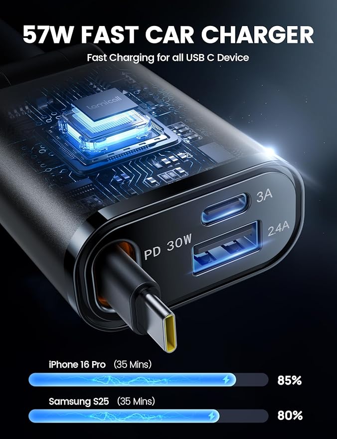 Lamicall Retractable Car Charger USB C Fast Charging 57W Type C Car Phone Charger fit iPhone 16 16e 15 Pro Max Plus Samsung Galaxy S25 S24 Ultra Pixel Android PT-47-Black