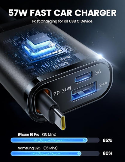 Lamicall Retractable Car Charger USB C Fast Charging 57W Type C Car Phone Charger fit iPhone 16 16e 15 Pro Max Plus Samsung Galaxy S25 S24 Ultra Pixel Android PT-47-Black