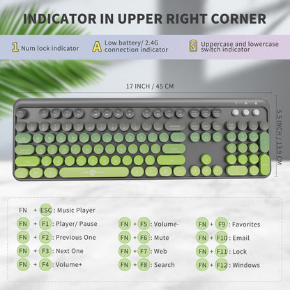 Wireless Keyboard and Mouse Combo, 104 Round Keys Cute Colorful Keyboard and Mouse with Retro Typewriter for PC/Mac/Laptop/Tablet/Computer/Windows Gray Green