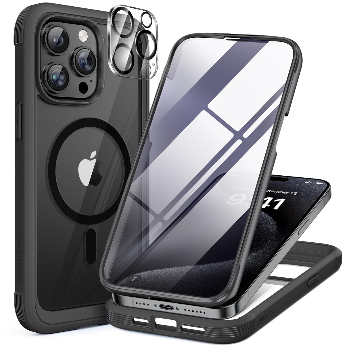 Miracase for iPhone 13 Case 6.1'',Full-Body Magnetic Clear Bumper Case with Built-in 9H Tempered Glass Screen Protector,Military Drop Protection Outdoor Phone Case — iPhone 12 Pro Max