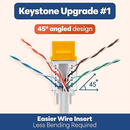 Everest 45° Angled RJ45 Cat6 Keystone Jacks 100-Pack in Yellow - Slim Profile Female RJ45 Connectors - Cat 6 Keystone Jack - Compatible with 45° Angled Speed Termination Tool - 45Term (B0BL3GS7ZY)