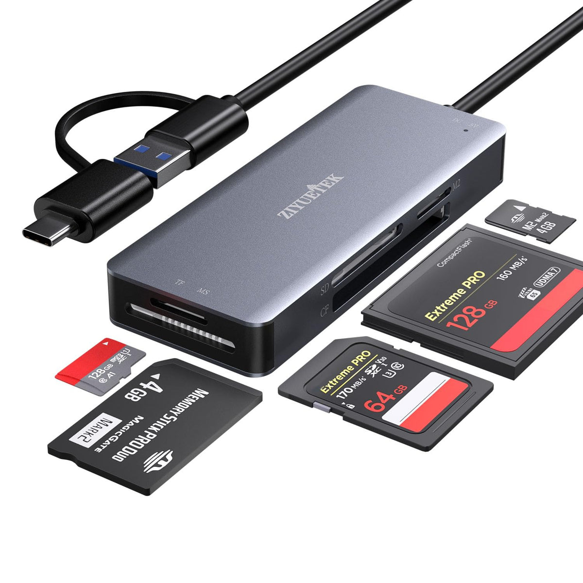 ZIYUETEK USB C SD Card Reader,5- in-1 Aluminum Thunderbolt 3 Memory Card Reader for CF, SD/SDHC,TF/Micro SD/MS/M2,CompactFlash Card for iPhone 15/16/Pro Max Android Windows MacBook