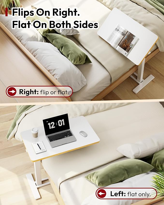 SANODESK Medical Adjustable Overbed Bedside Table with Casters 90° Tilt Top Pneumatic Mobile Rolling Laptop Computer Standing Desk Cart with Tray, Hospital and Home Use(31.5" W x 17.7" D, White)